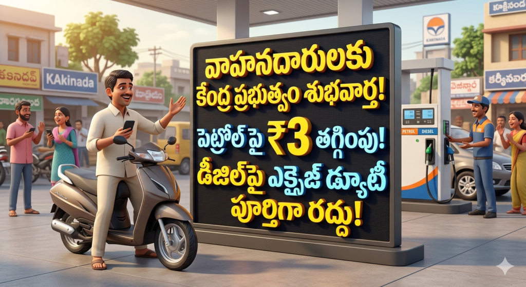వాహనదారులకు కేంద్రం శుభవార్త.. పెట్రోల్‌పై ₹3 తగ్గింపు, డీజిల్‌పై ఎక్సైజ్ పూర్తి రద్దు