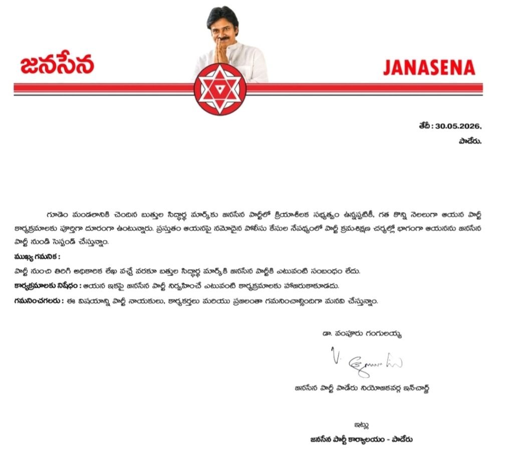 జనసేన పార్టీ నుంచి బత్తుల సిద్ధార్థ మార్క్ సస్పెన్షన్